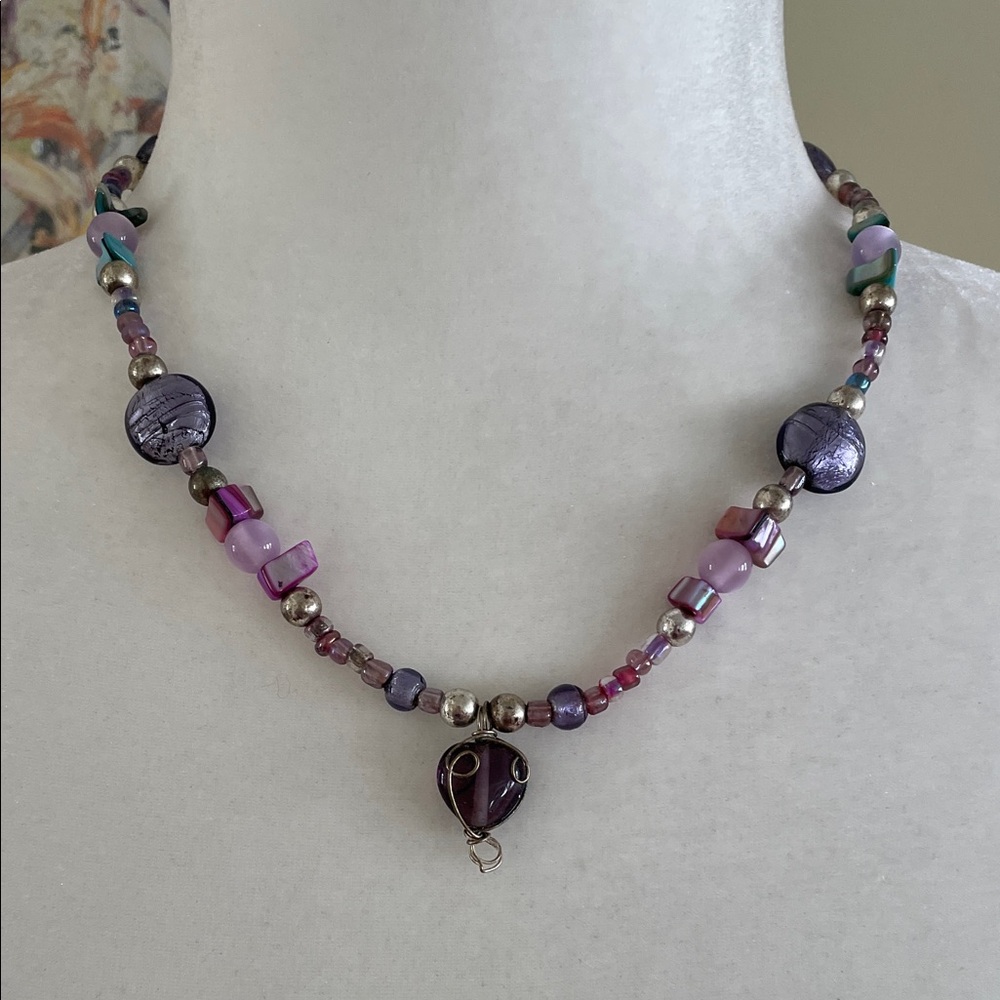 VINTAGE HANDMADE PURPLE CHOKER NECKLACE Heart Charm Boho Mixed Bead Artisan